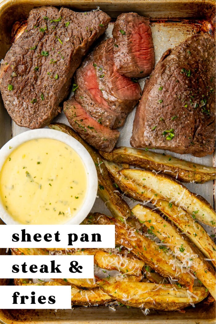 Pin graphic for sheet pan steak and fries