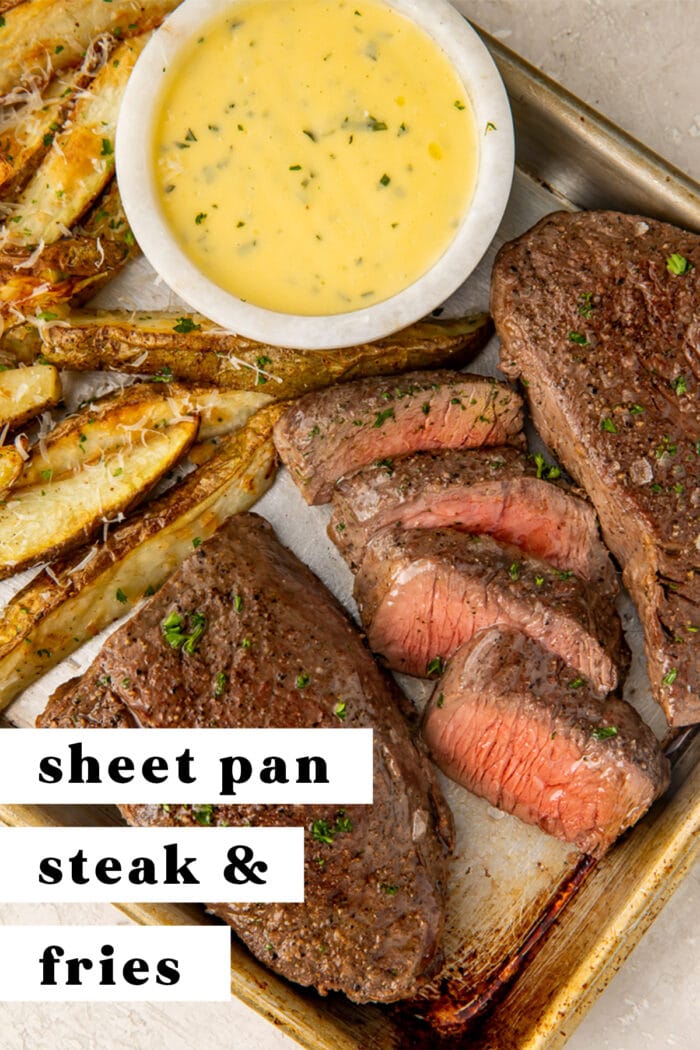 Pin graphic for sheet pan steak and fries