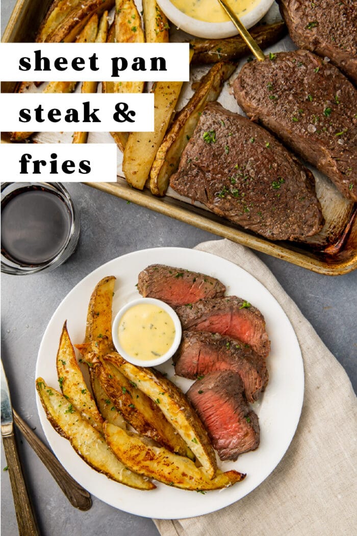 Pin graphic for sheet pan steak and fries