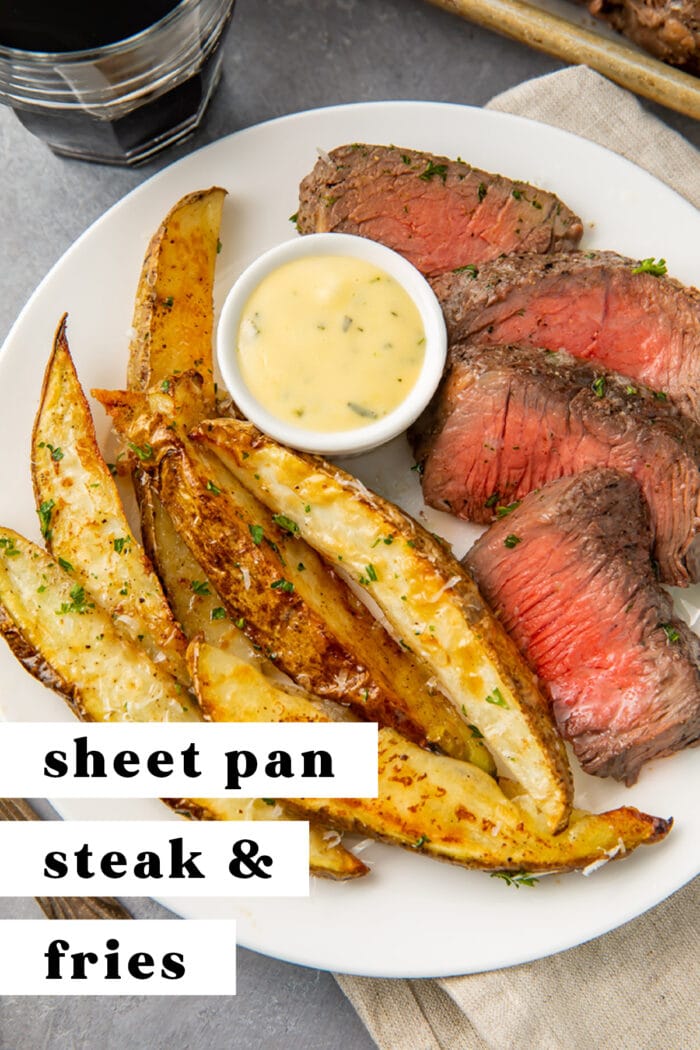 Pin graphic for sheet pan steak and fries