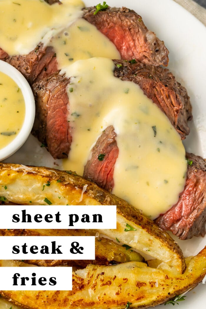 Pin graphic for sheet pan steak and fries