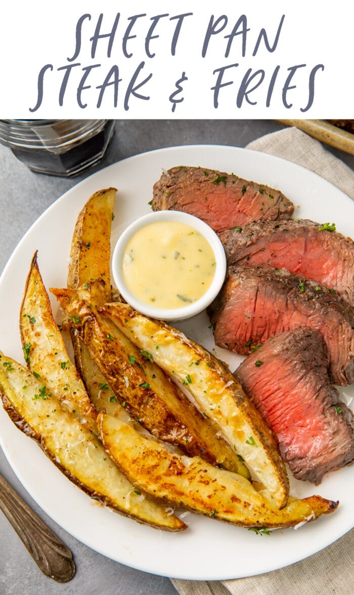 Pin graphic for sheet pan steak and fries