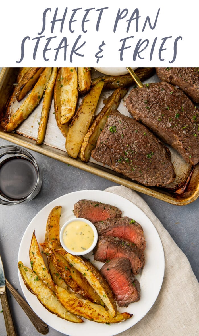 Pin graphic for sheet pan steak and fries