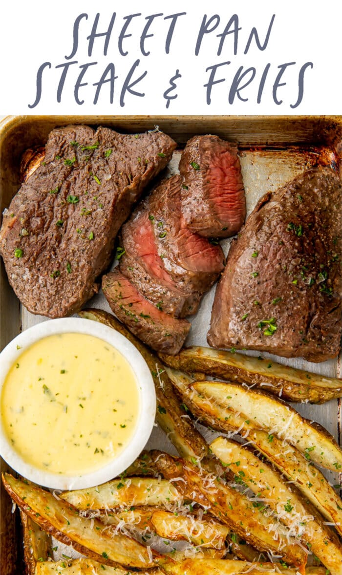 Pin graphic for sheet pan steak and fries