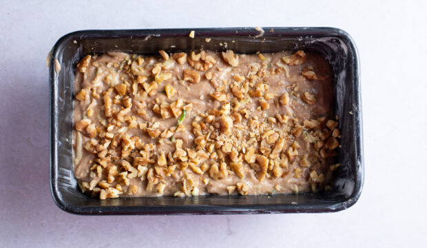 Unbaked vegan zucchini bread in loaf pan