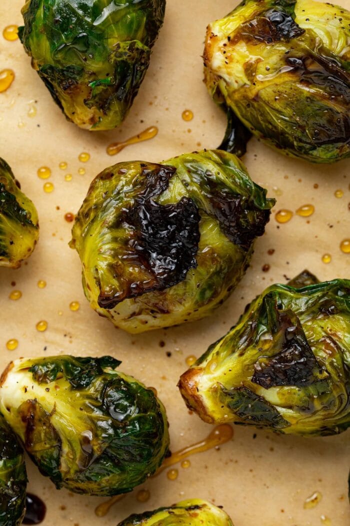 close up image of grilled brussels sprouts