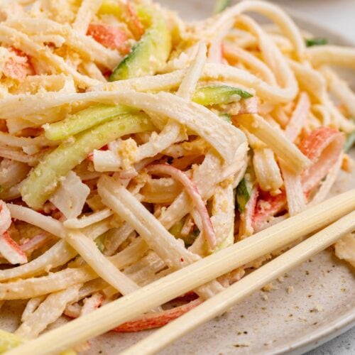 close up image of kani salad on a plate