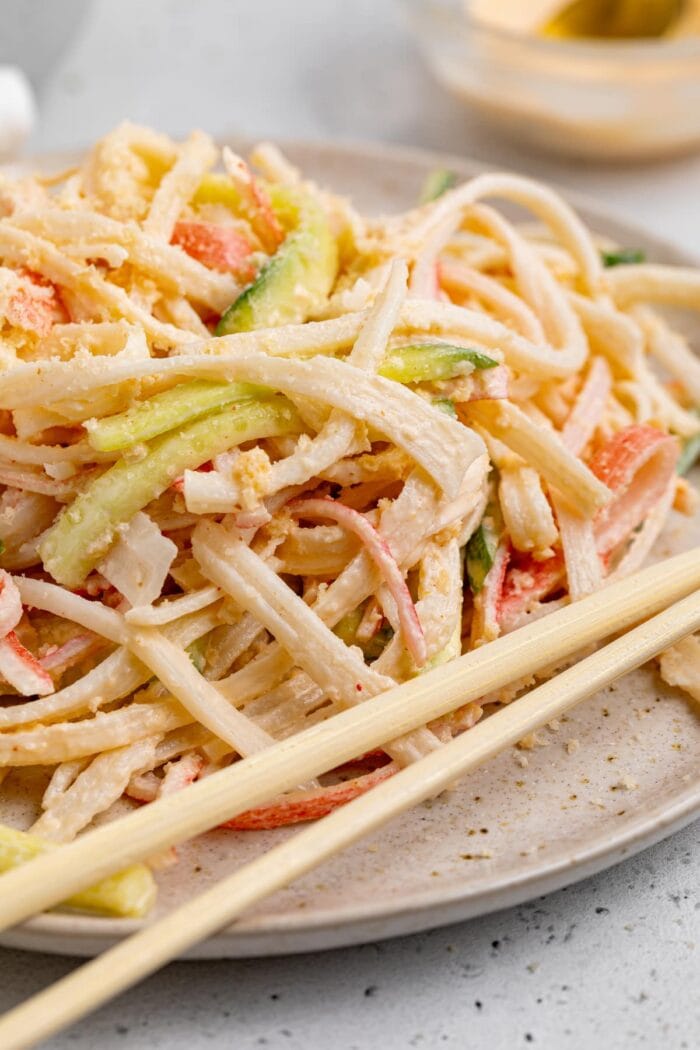 close up image of kani salad on a plate