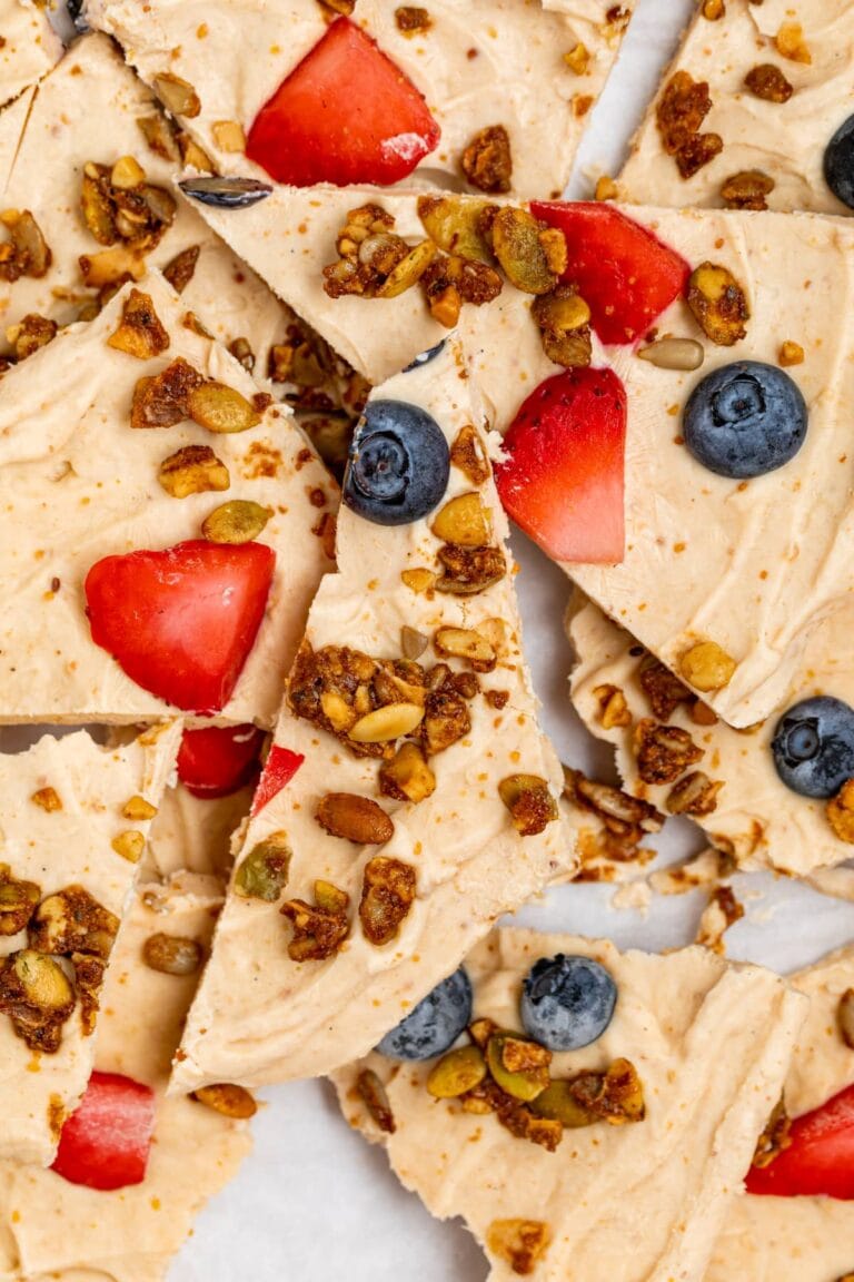 close up image of peanut butter frozen yogurt bark