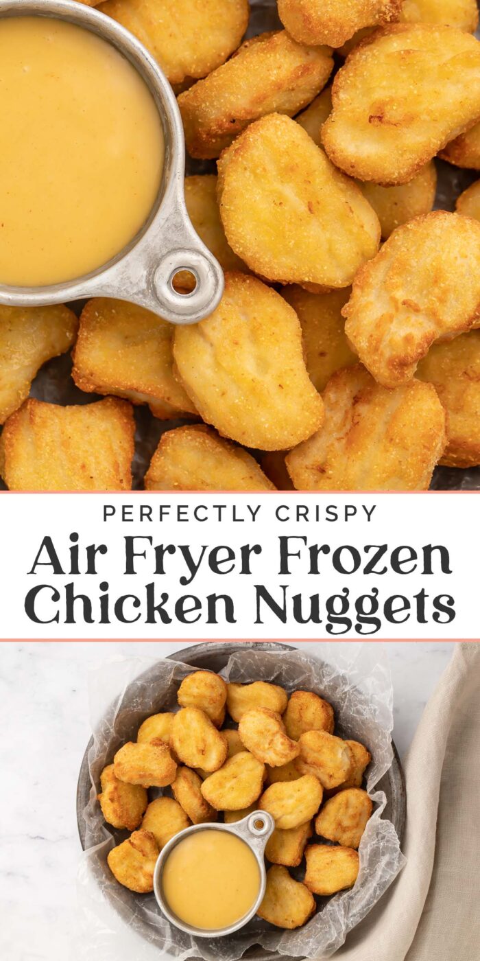 Pin graphic for air fryer frozen chicken nuggets.