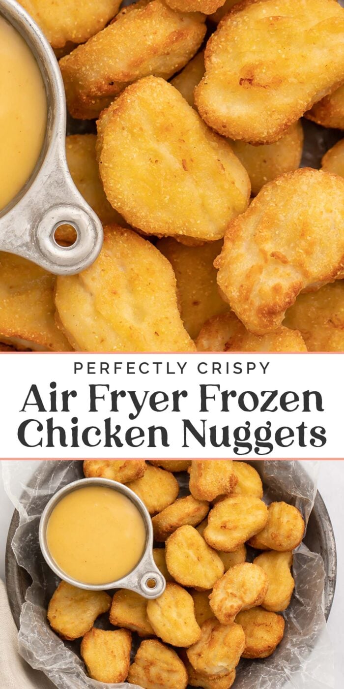 Pin graphic for air fryer frozen chicken nuggets.