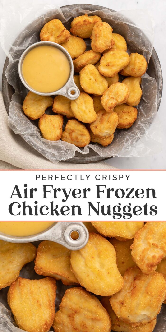 Pin graphic for air fryer frozen chicken nuggets.