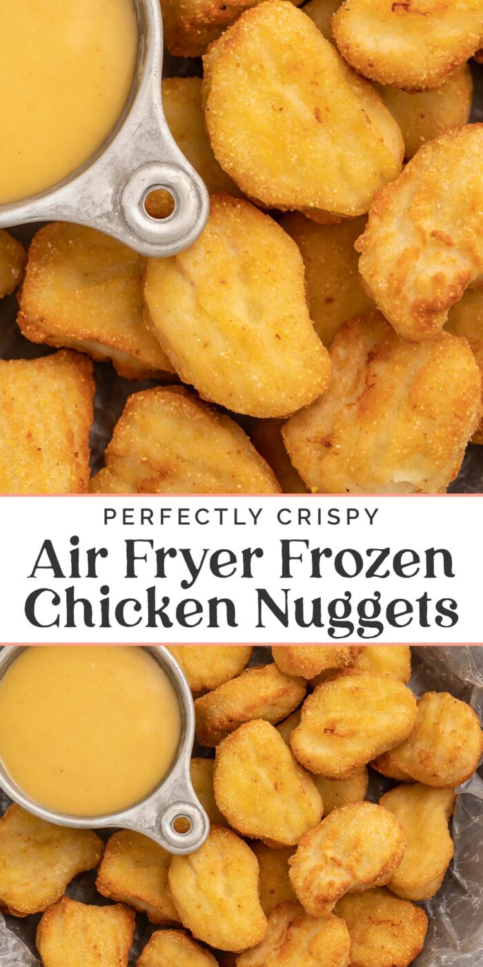 Pin graphic for air fryer frozen chicken nuggets.