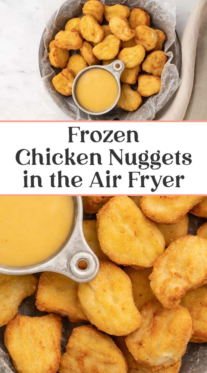 Pin graphic for air fryer frozen chicken nuggets.