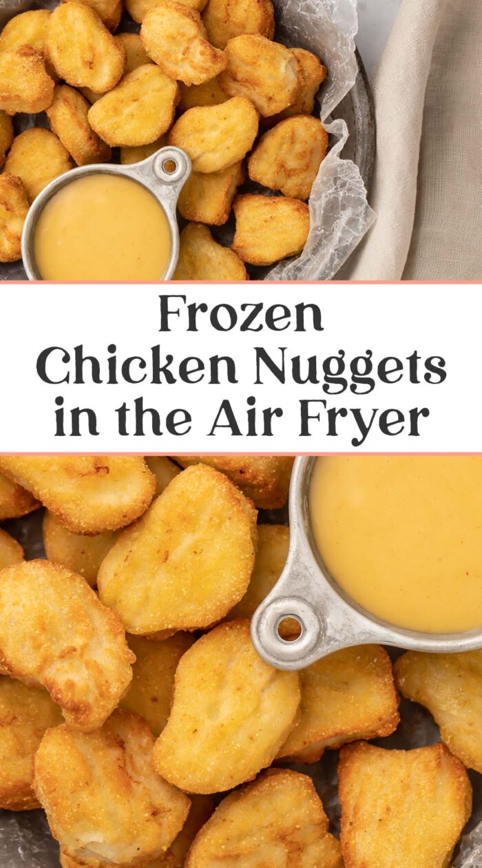 Pin graphic for air fryer frozen chicken nuggets.