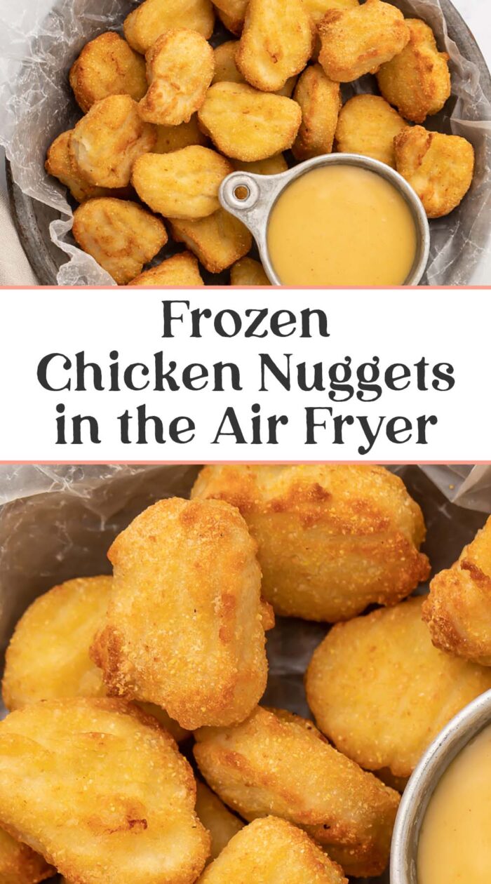 Pin graphic for air fryer frozen chicken nuggets.