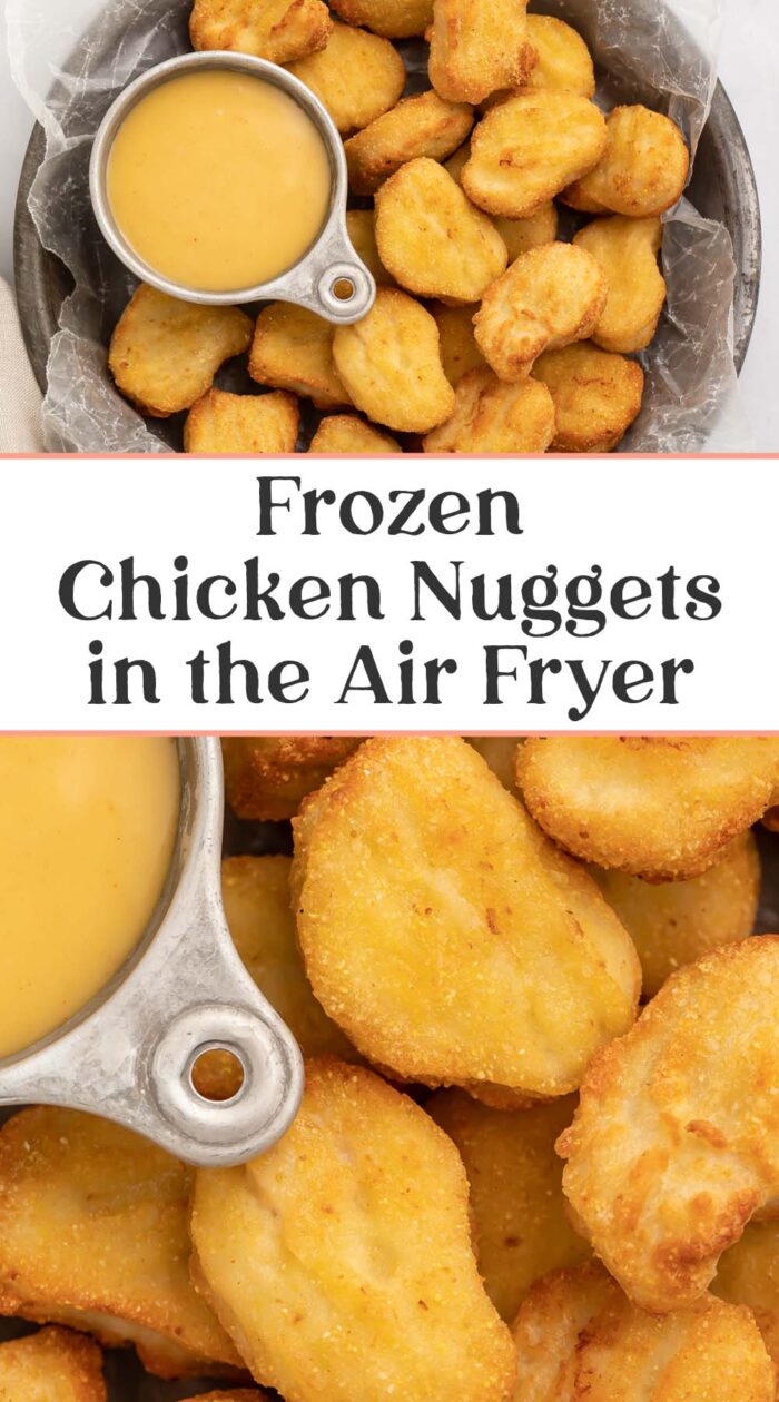 Pin graphic for air fryer frozen chicken nuggets.