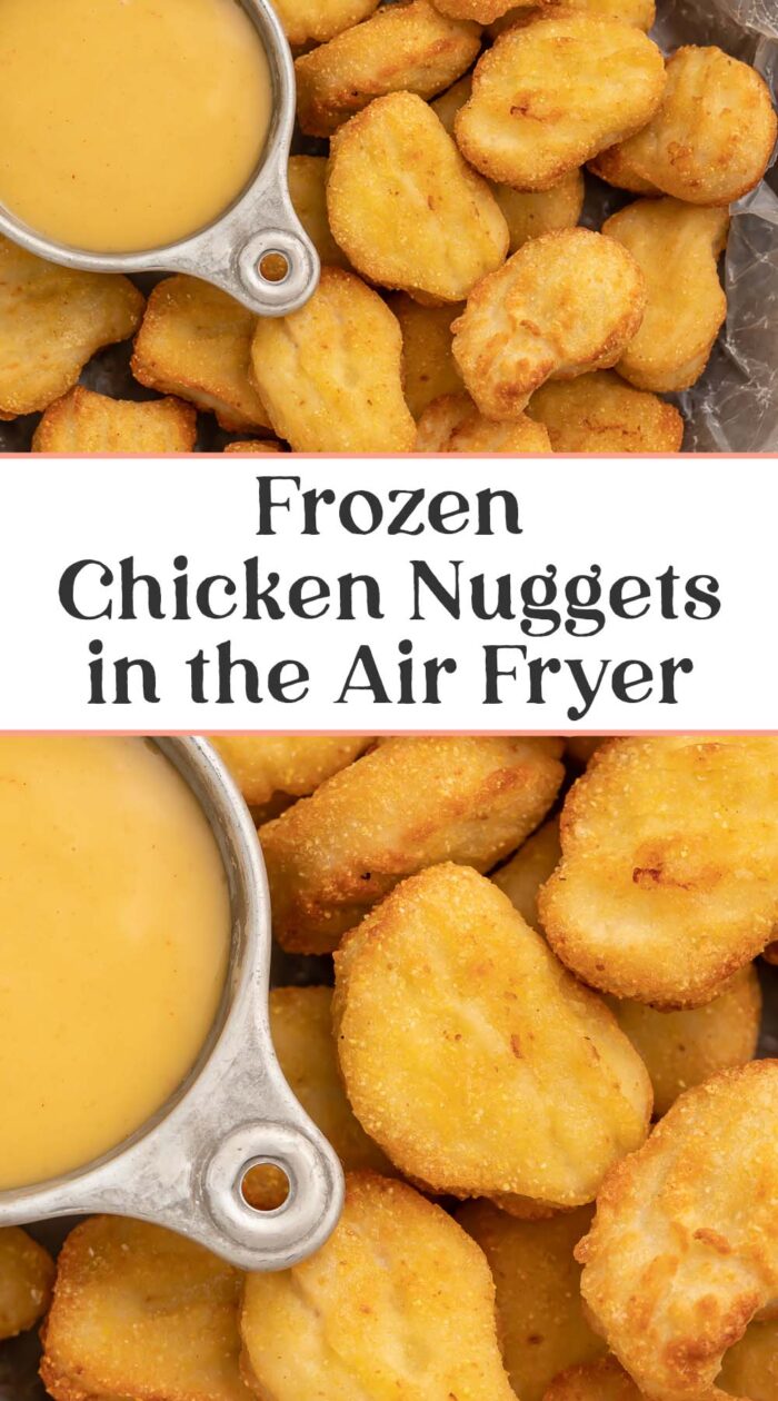 Pin graphic for air fryer frozen chicken nuggets.