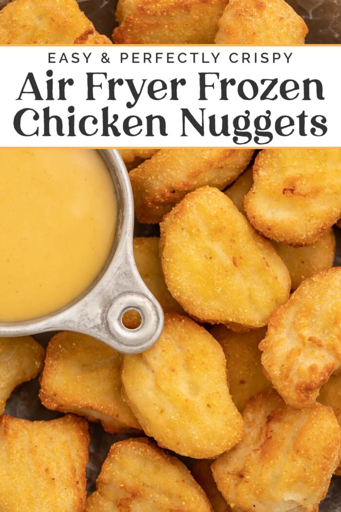 Pin graphic for air fryer frozen chicken nuggets.