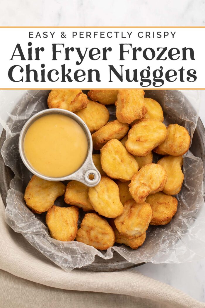 Pin graphic for air fryer frozen chicken nuggets.