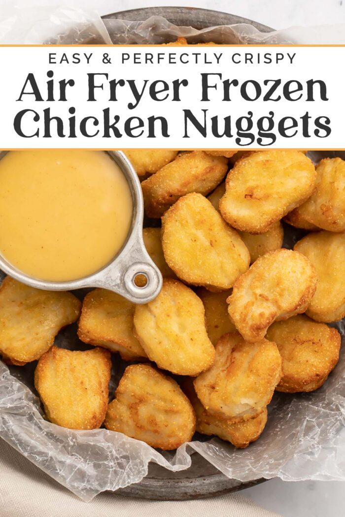 Pin graphic for air fryer frozen chicken nuggets.