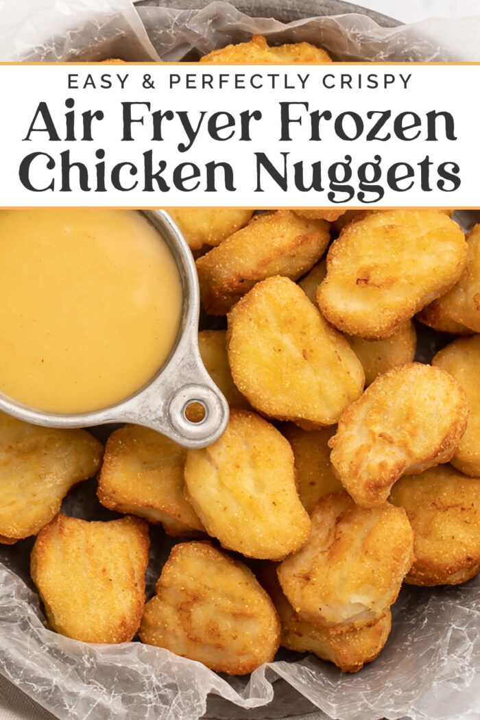 Pin graphic for air fryer frozen chicken nuggets.