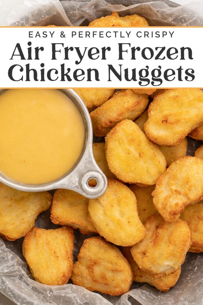 Pin graphic for air fryer frozen chicken nuggets.