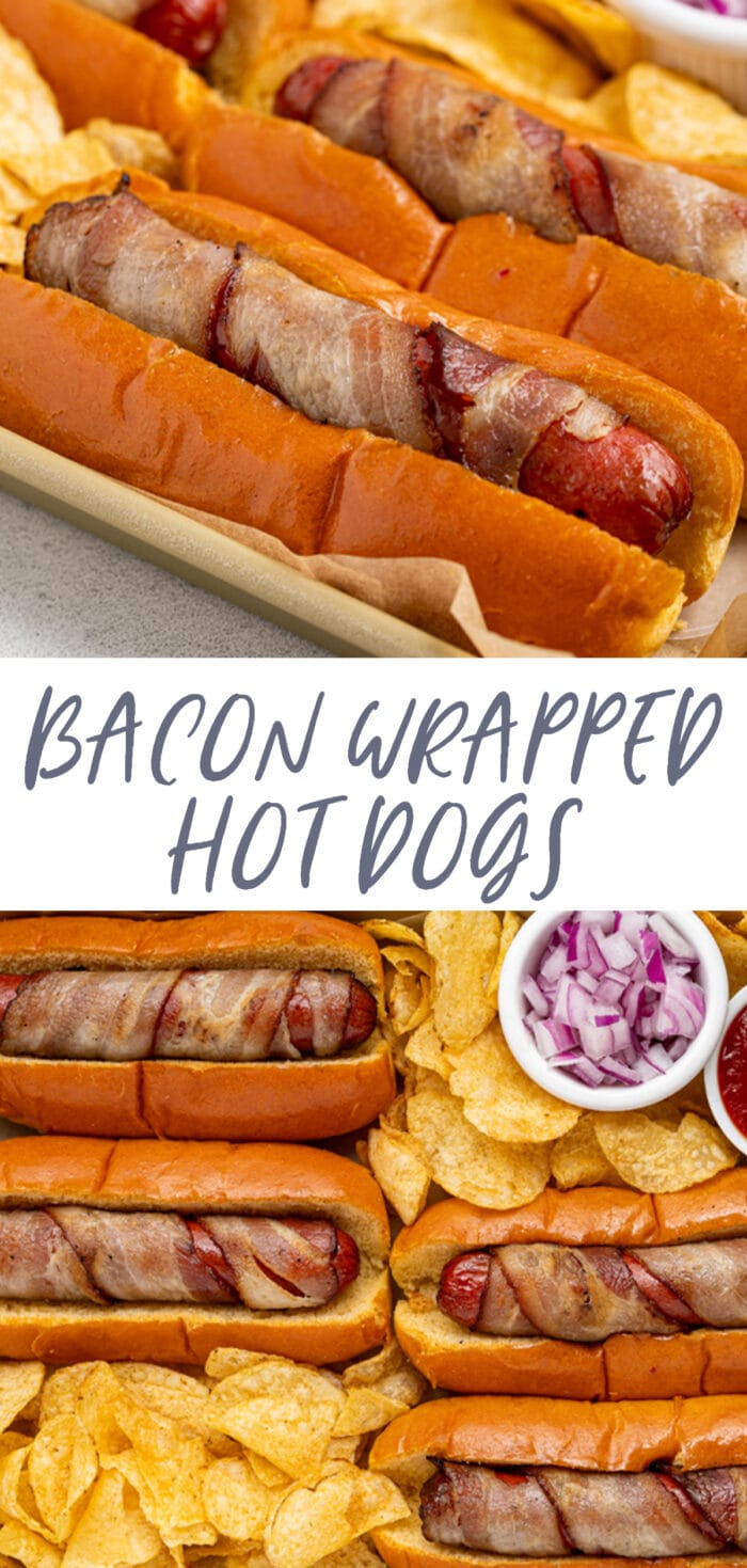 Pin graphic for bacon wrapped hot dogs