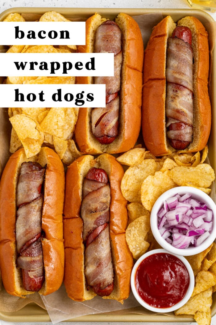 Pin graphic for bacon wrapped hot dogs