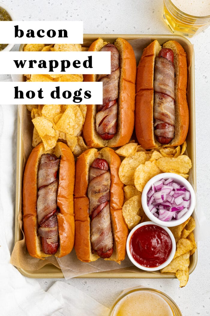 Pin graphic for bacon wrapped hot dogs