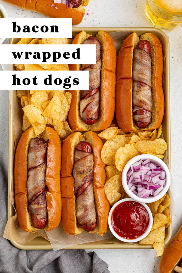 Pin graphic for bacon wrapped hot dogs