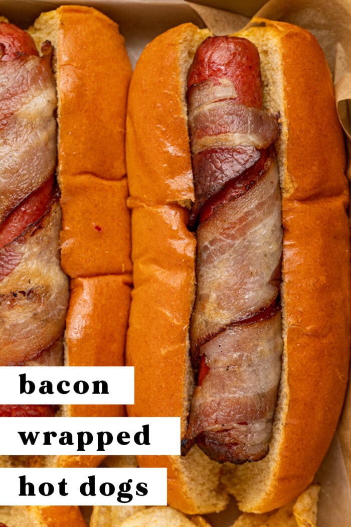 Pin graphic for bacon wrapped hot dogs