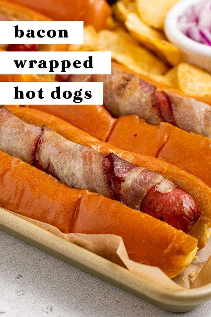 Pin graphic for bacon wrapped hot dogs