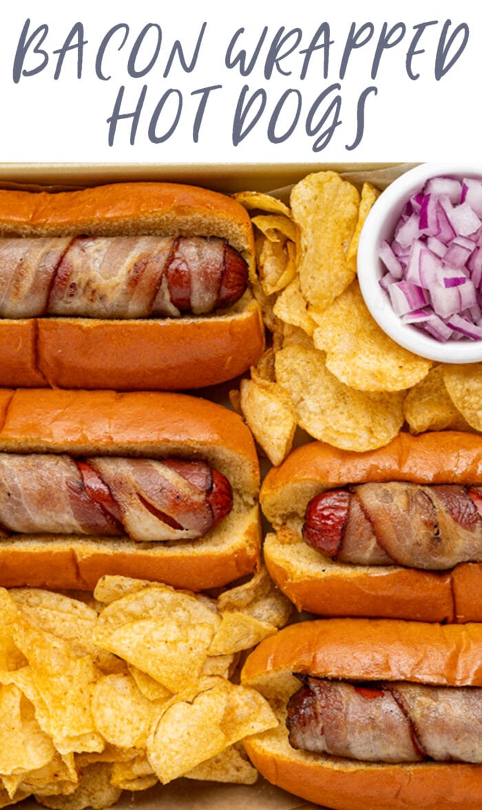 Pin graphic for bacon wrapped hot dogs