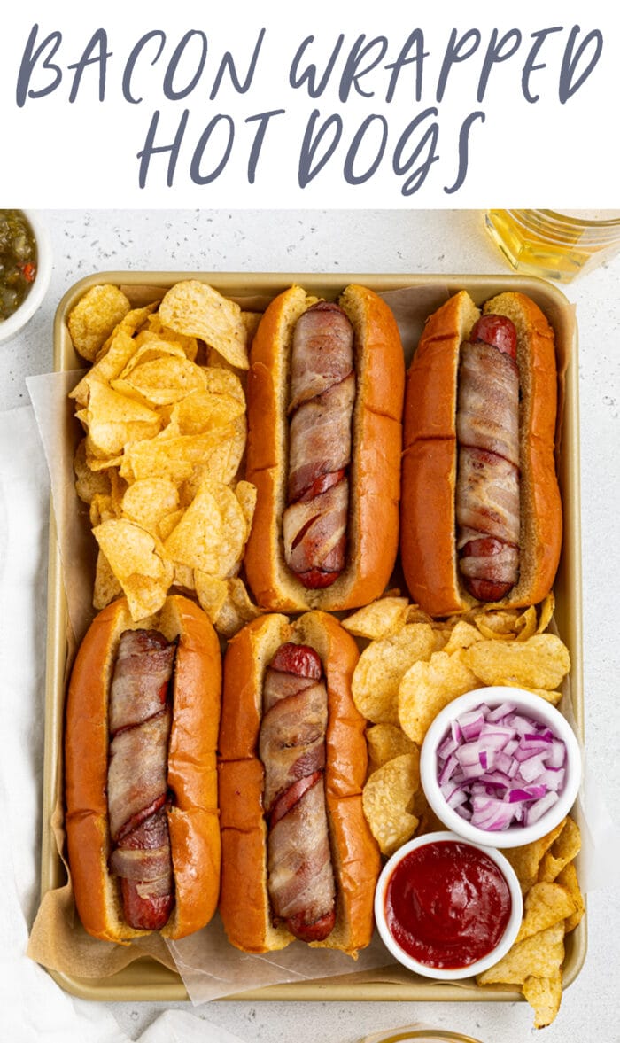 Pin graphic for bacon wrapped hot dogs