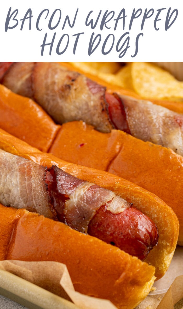 Pin graphic for bacon wrapped hot dogs