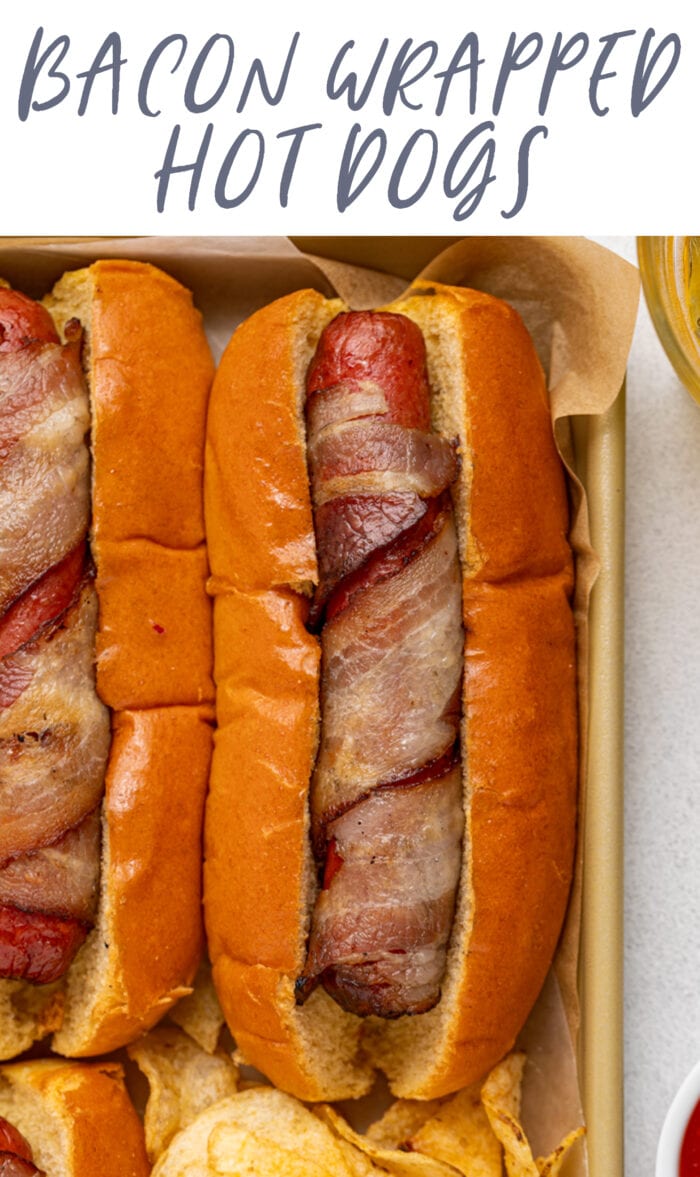 Pin graphic for bacon wrapped hot dogs