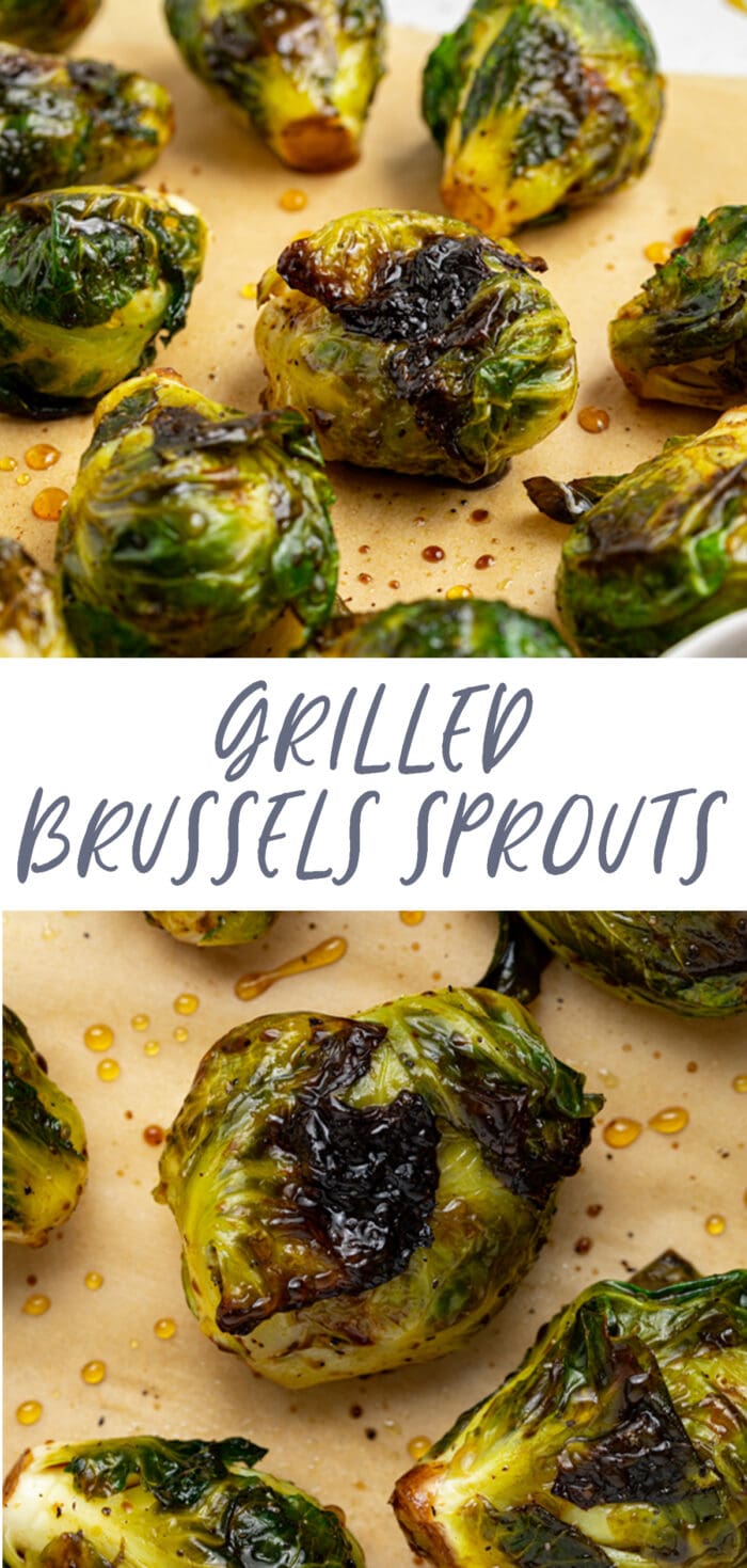 Pin graphic for grilled Brussels sprouts