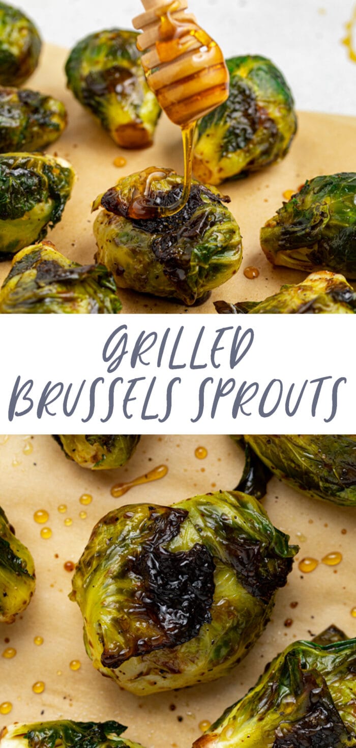 Pin graphic for grilled Brussels sprouts