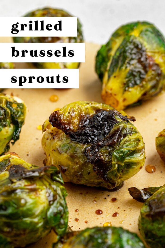 Pin graphic for grilled Brussels sprouts