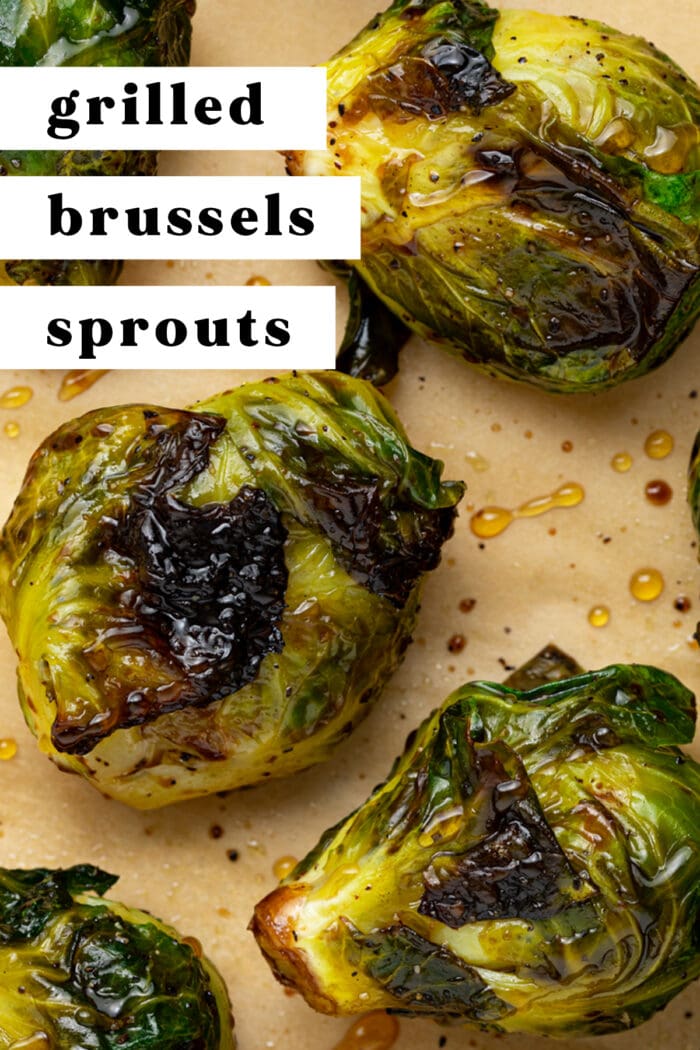 Pin graphic for grilled Brussels sprouts