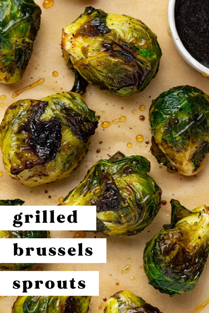 Pin graphic for grilled Brussels sprouts