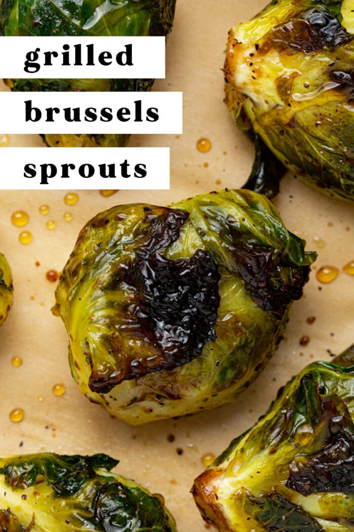 Pin graphic for grilled Brussels sprouts