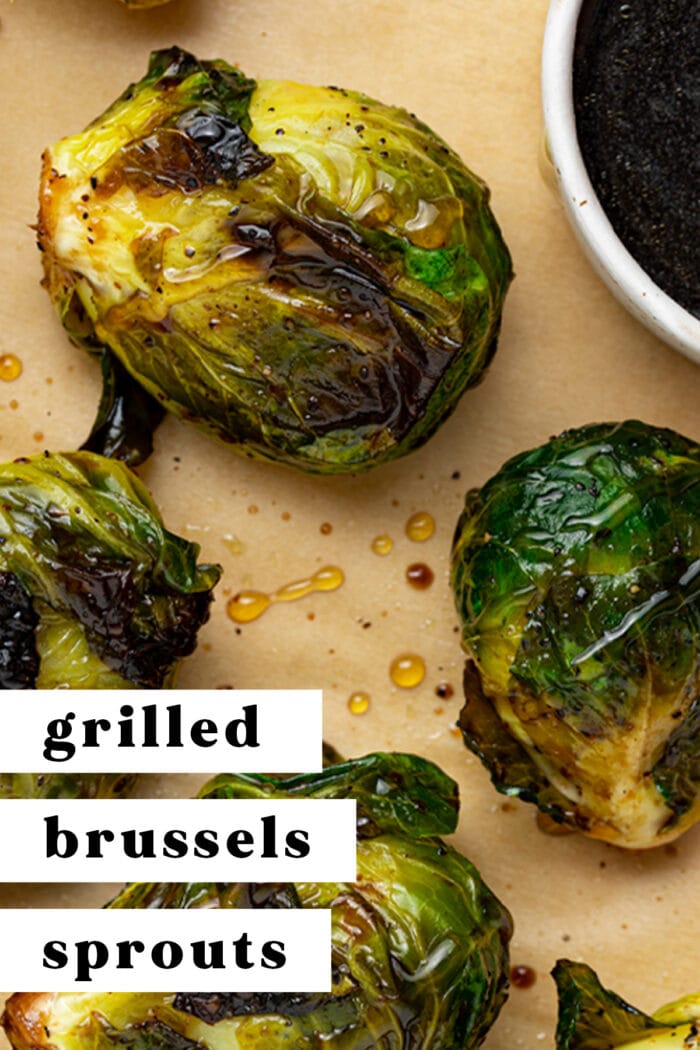 Pin graphic for grilled Brussels sprouts