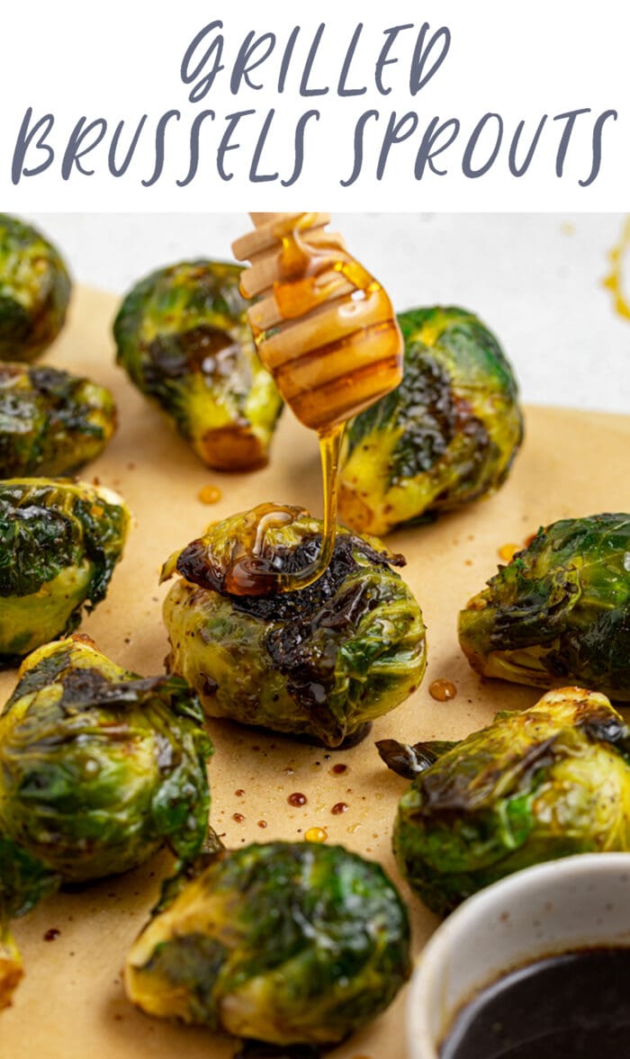 Pin graphic for grilled Brussels sprouts