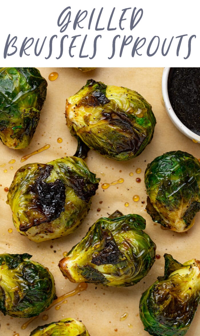 Pin graphic for grilled Brussels sprouts