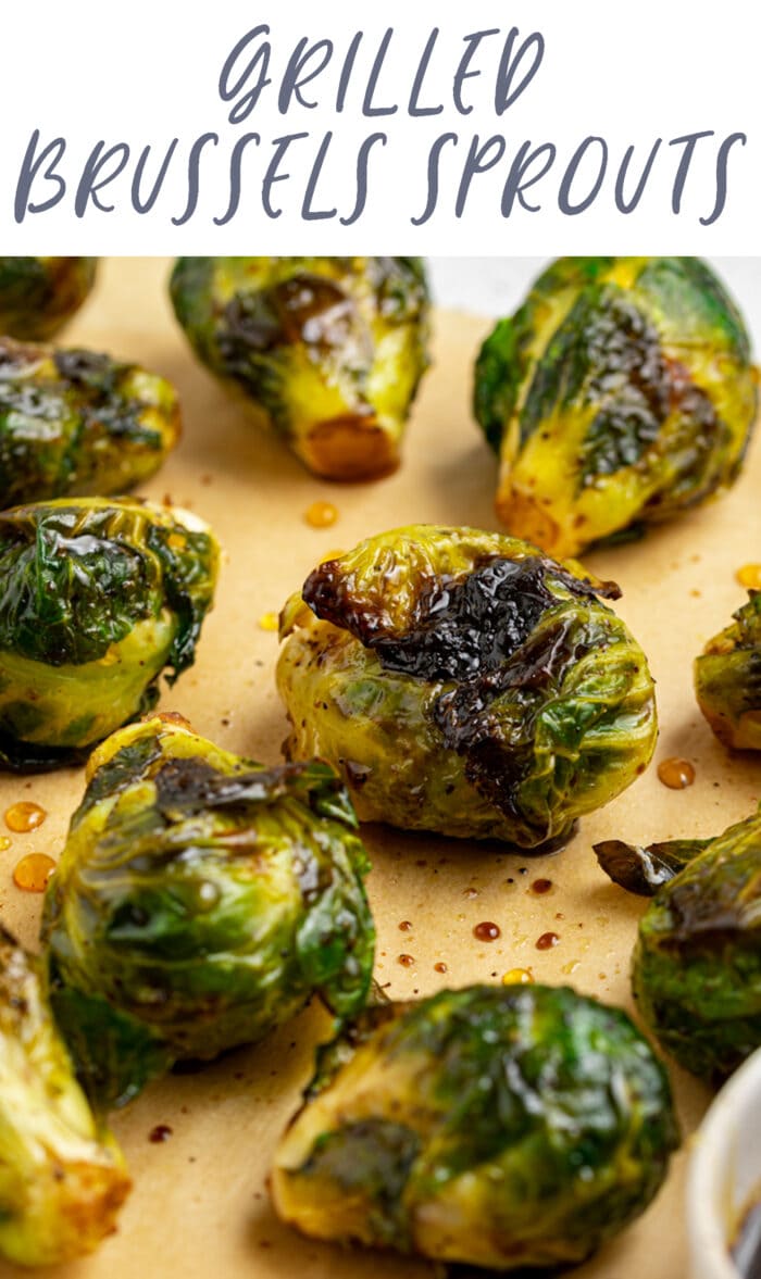 Pin graphic for grilled Brussels sprouts