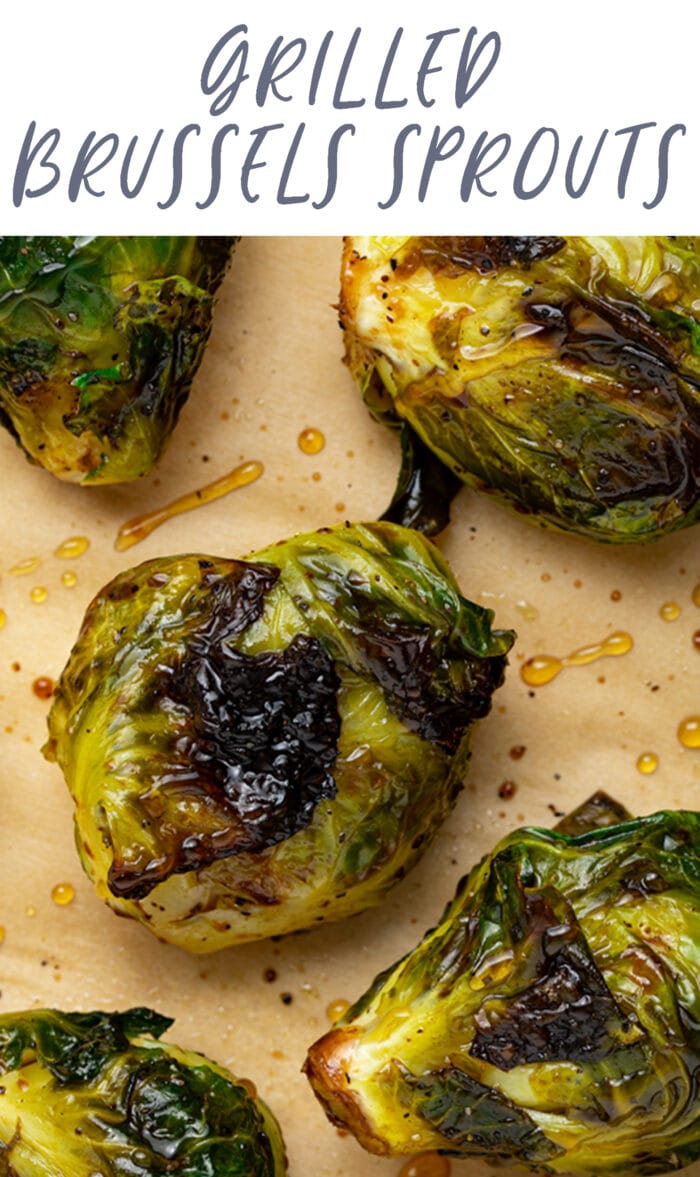 Pin graphic for grilled Brussels sprouts