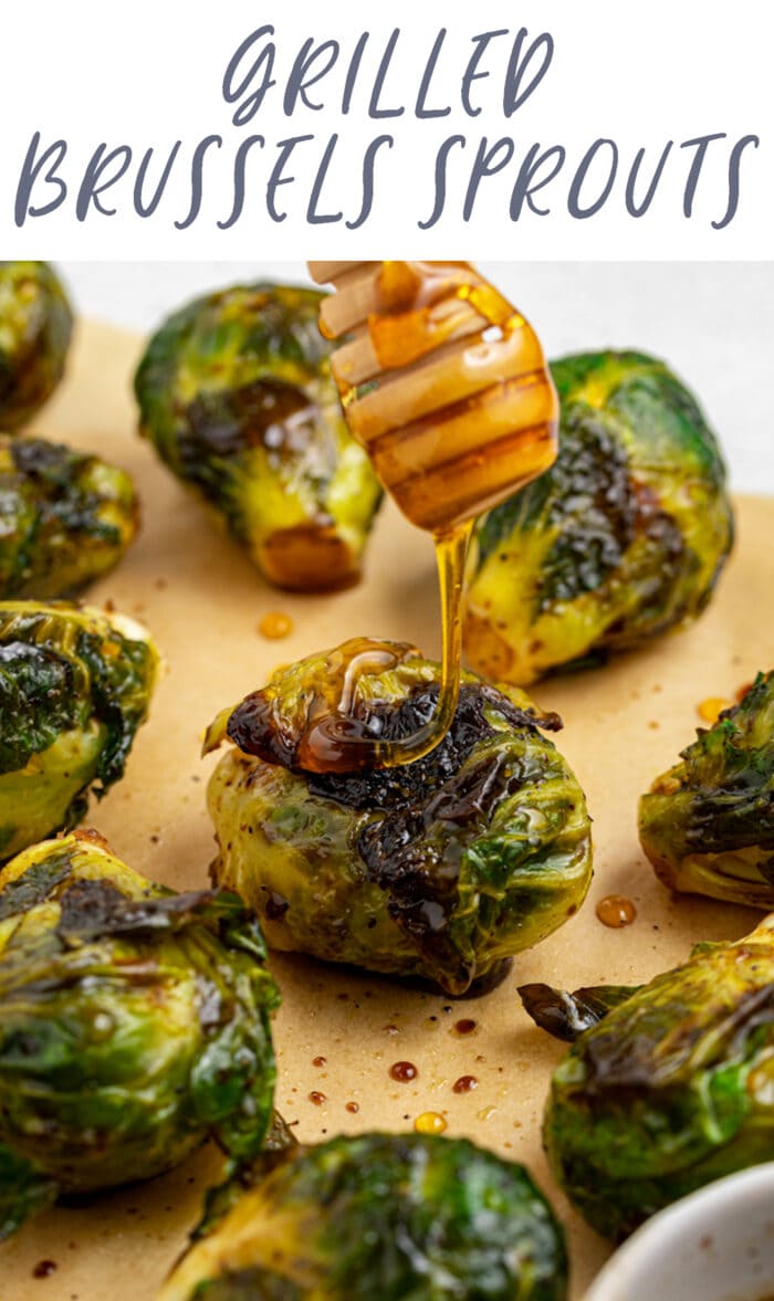 Pin graphic for grilled Brussels sprouts