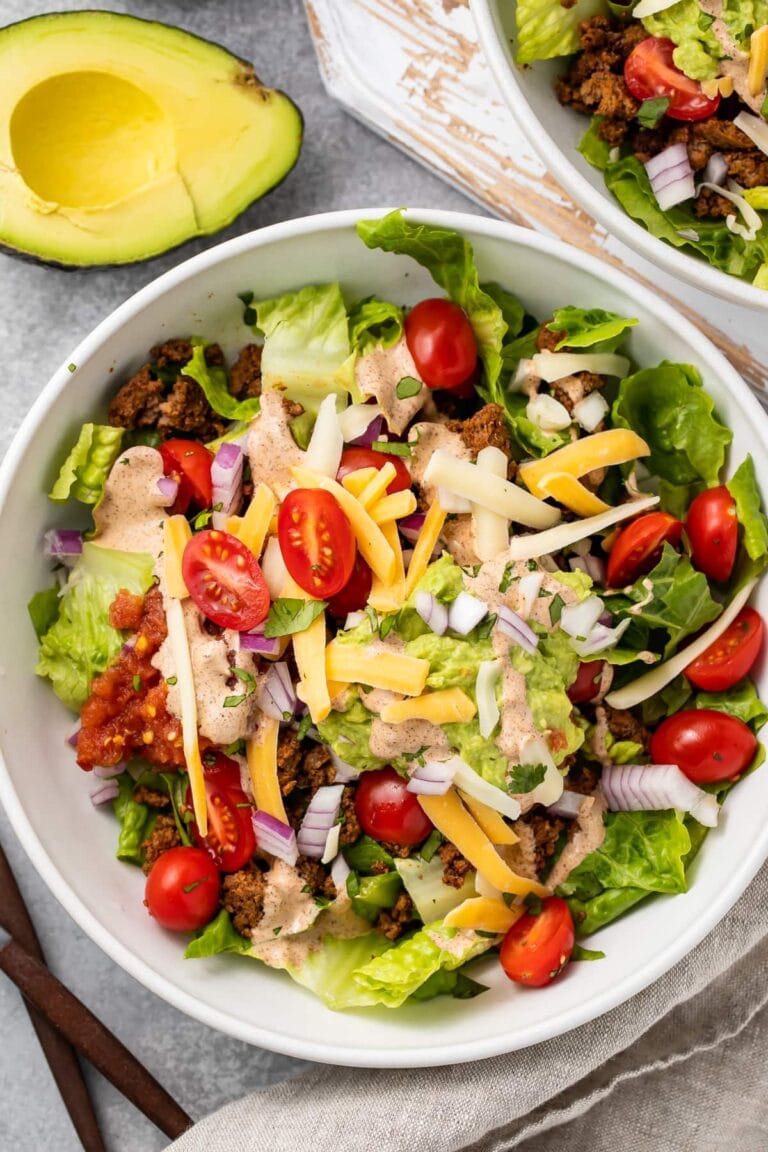 Zoomed out photo of keto taco salad in a large bowl